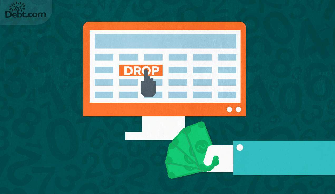 computer screen showing drop button and a hand with money (illustrated)