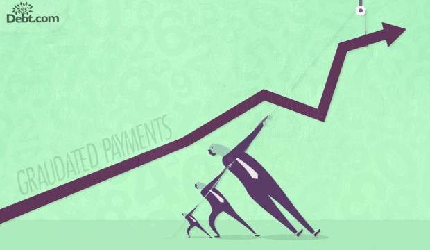 Accelerate payments with a graduated repayment plan; illustration of people and chart going upward