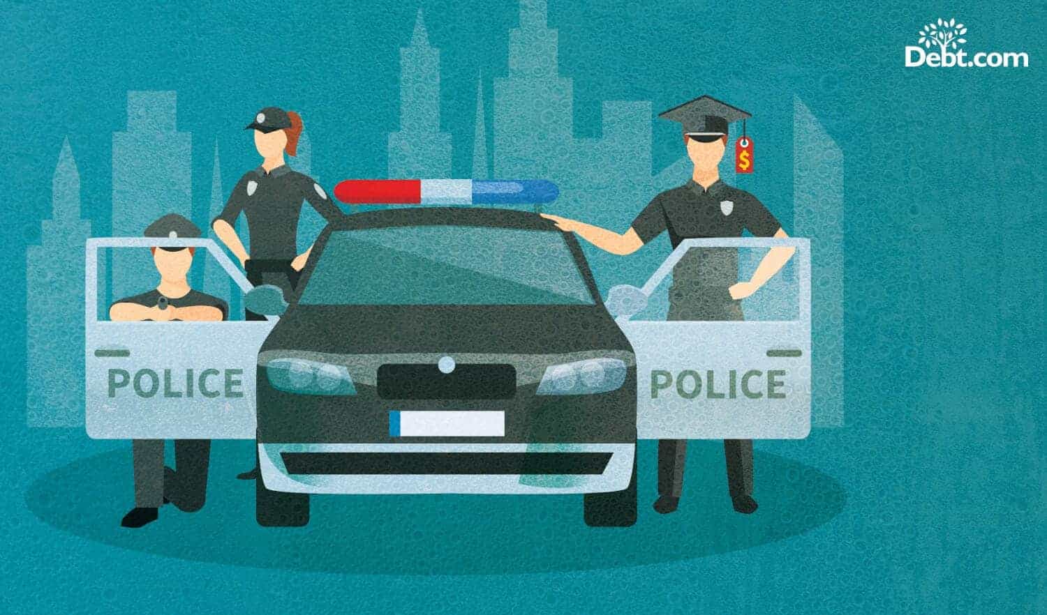 3 officers on patrol, one wearing a price tagged mortarboard – a candidate for student loan forgiveness for police officers