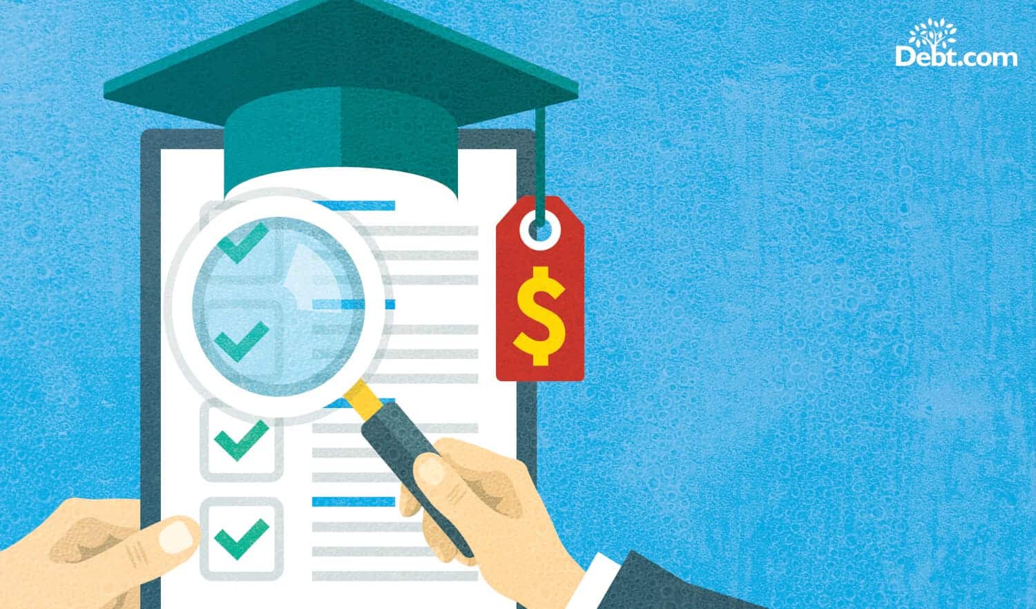 magnifying glass reviewing a clipboard with a list of student loans. Investigate your total education loan indebtedness