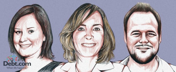 Portraits of James Duren, Jennifer Asiaka, and Tina Willis, who shared their debt stories with Debt.com