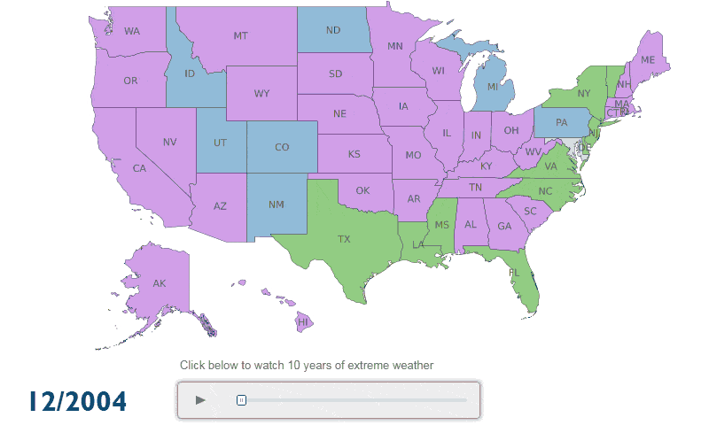 An animated map of extreme weather events in the United States from 2005-2015