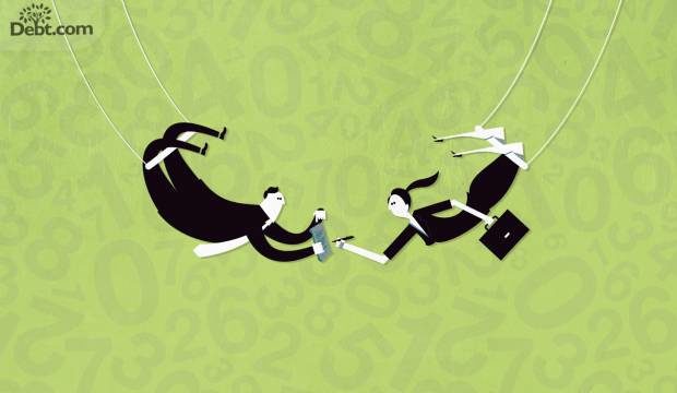 2 people on a trapeze signing a contract (illustrated)