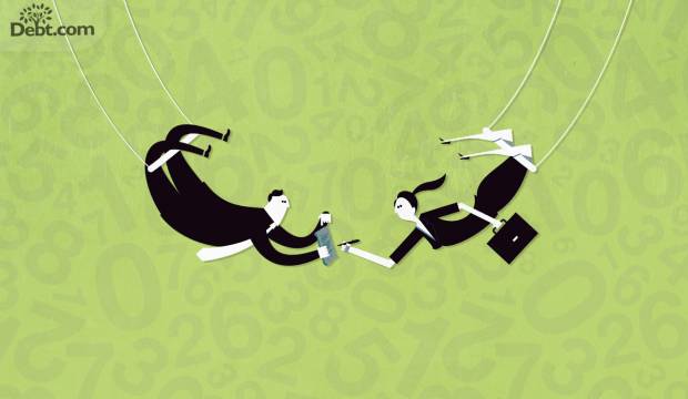2 people on a trapeze signing a contract (illustrated)