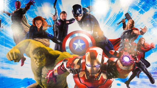 Marvel superheroes Iron Man, Thor, Hulk, Black Widow, Hawkeye, Vision, Vanda Scarlet Witch at the Avengers Station complex.