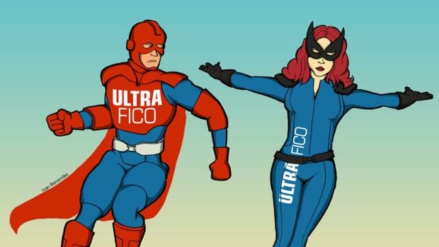 Illustration of two super heroes depicting: What is UltraFICO.