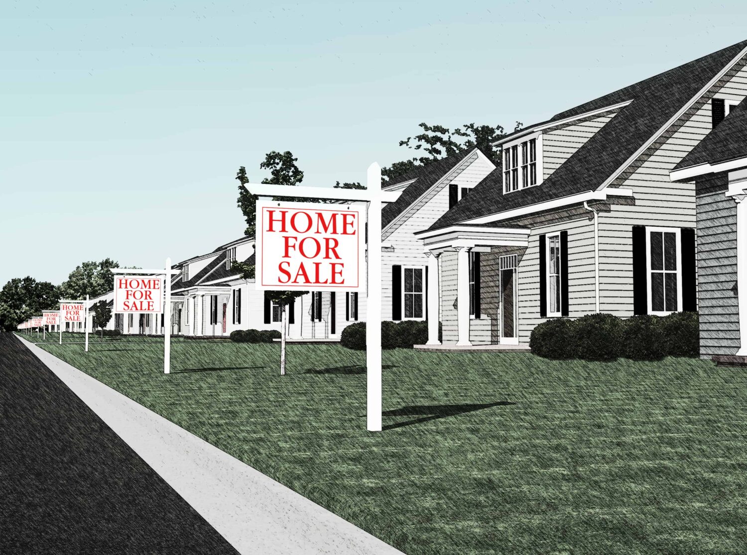 CG rendering of a row of houses with all of them up for sale.