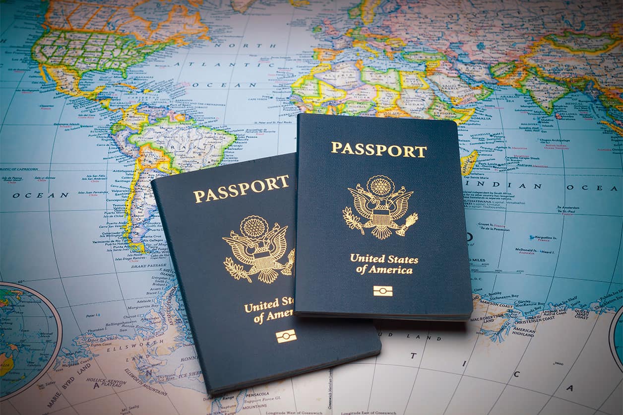 Passports on a map of the world
