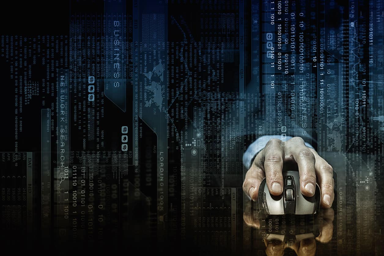 Hand of businessman in suit on dark digital background