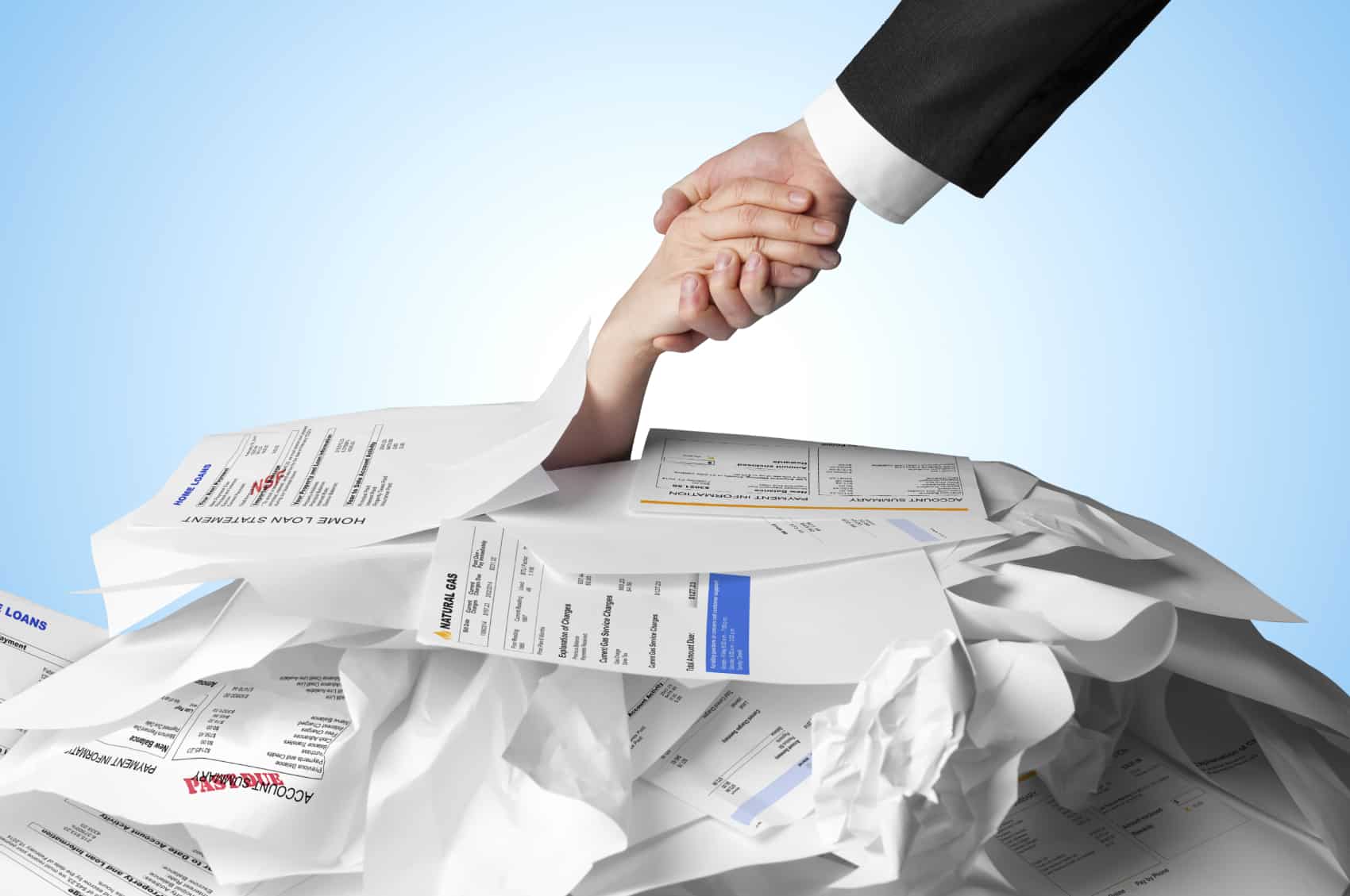 debt consolidation program; hand reaching out of pile of debt papers