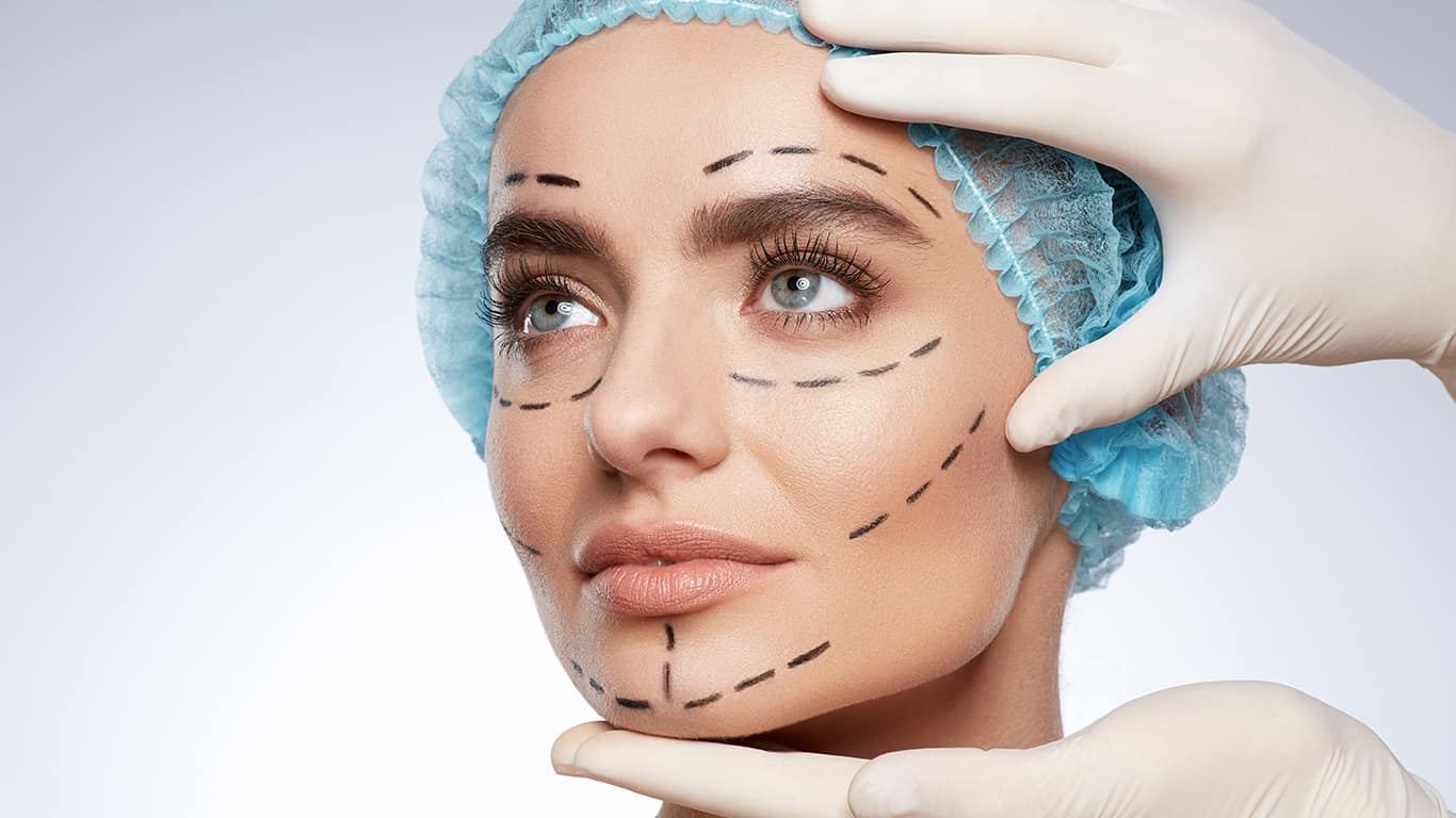 Beauty portrait of woman in blue cap looking aside, plastic surgery concept