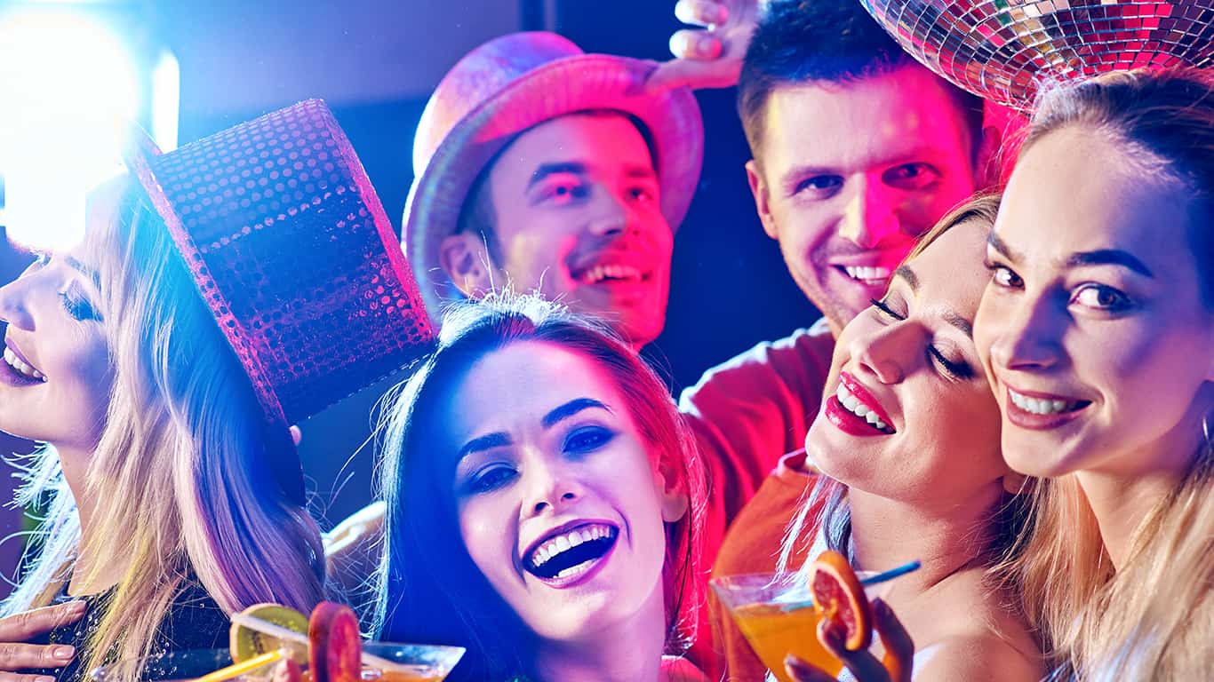 Woman disco night club. Dance party with group people dancing