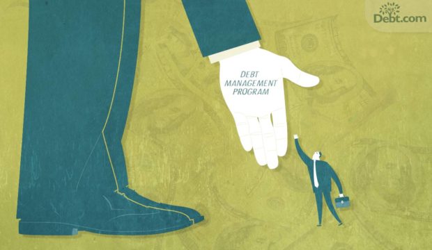 a giant reaching down to help a tiny person with debt management program