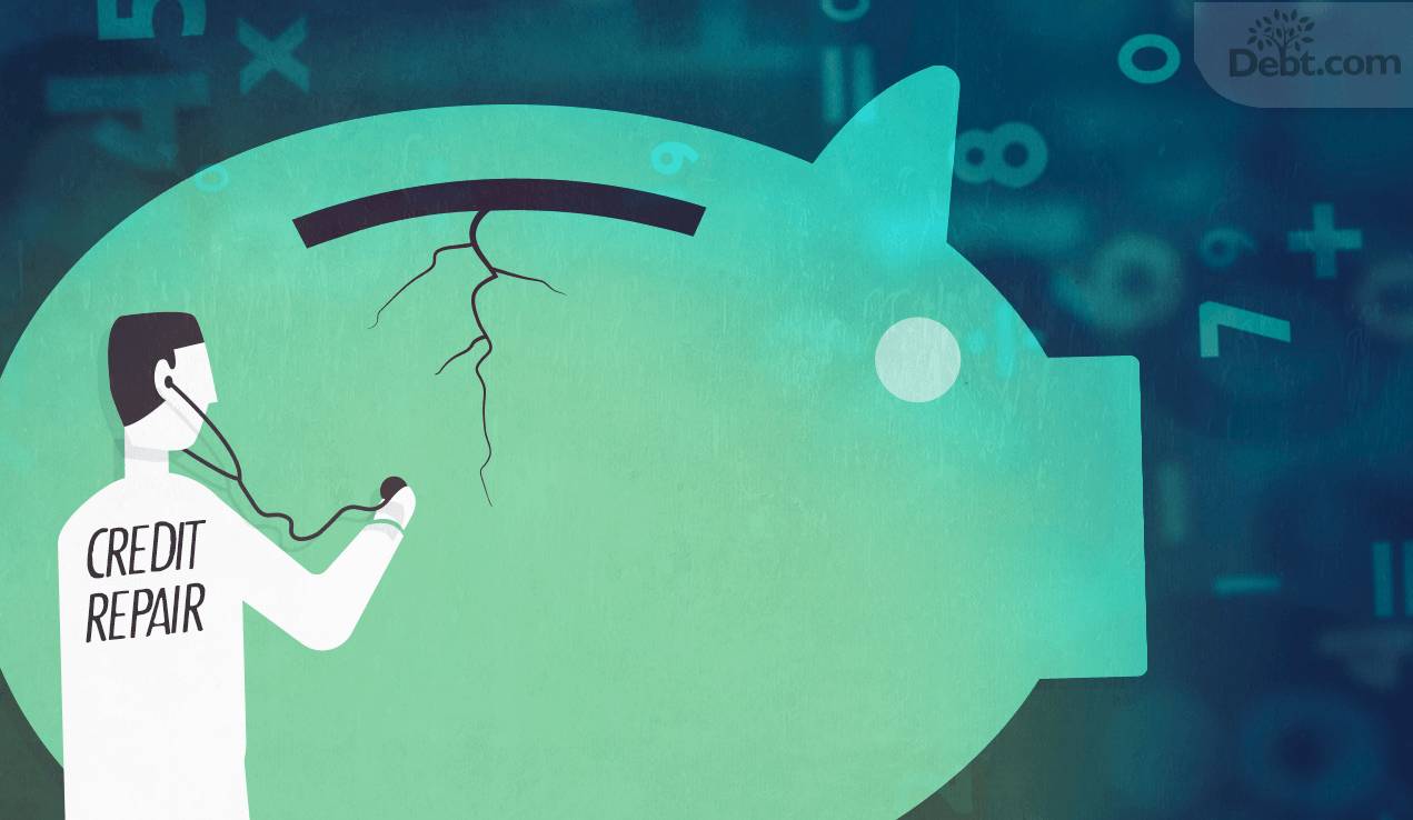 Credit repair doctor giving check-up to giant piggy bank