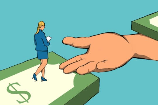 a business woman walking across a money "bridge" with a large hand filling the gap to the next step (illustrated)