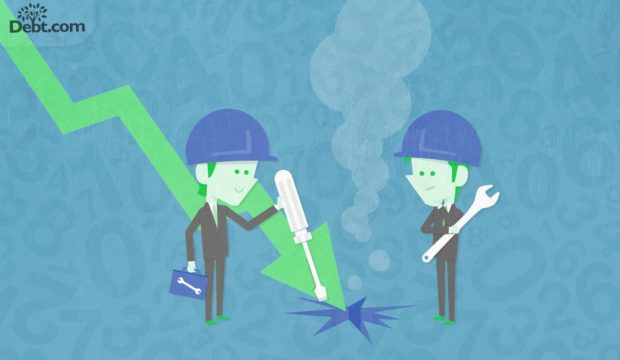 Men in suits with hard hats and tools fixing a crack in the floor.