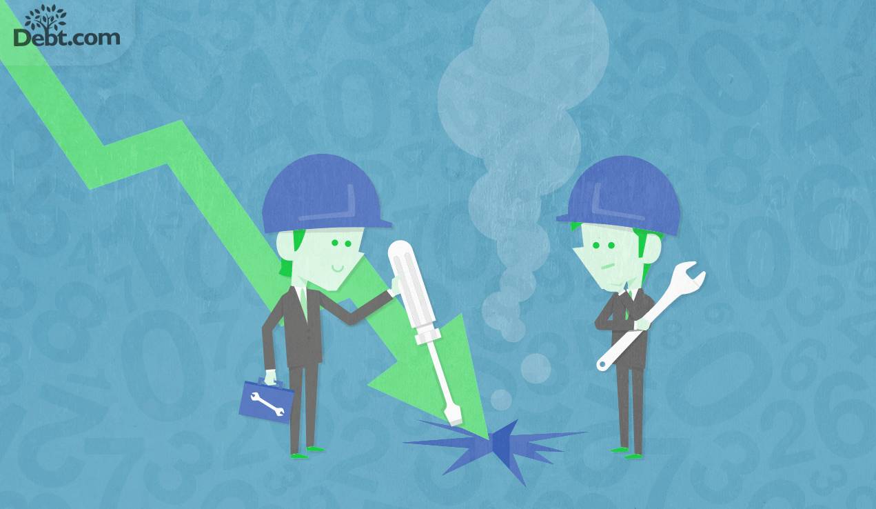 Men in suits with hard hats and tools fixing a crack in the floor.
