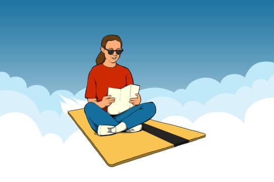 girl riding a travel rewards credit card in the sky (illustration)