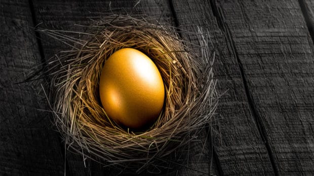 Golden Nest Egg On Wooden Table