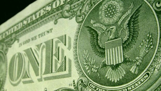 Close up, low angle, wide shot of US one dollar bill