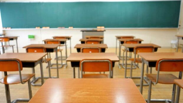 School classroom with school desks
