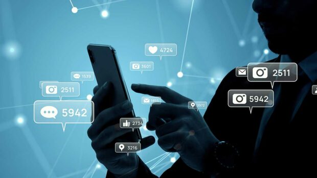 Mobile communication network concept. Social networking service. Cyber security.
