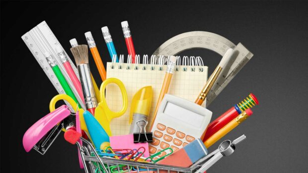 Stationery objects in mini supermarket cart