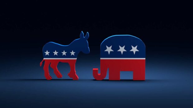 3D render of Democrats Donkey vs Republicans