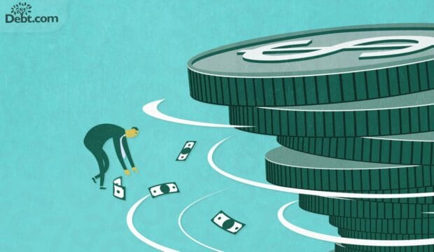 man trying to catch money from a "money tornado"