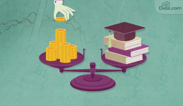 Scales balanced with gold coins and books.