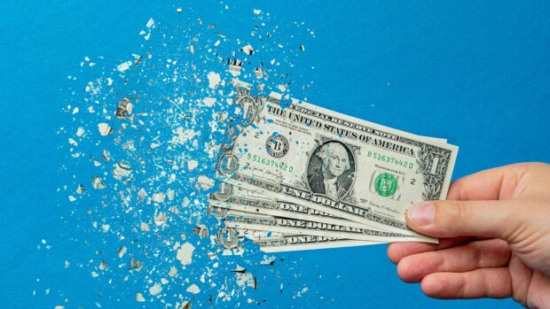 Devaluation of money. Printing money leads to inflation