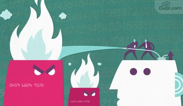 2 men with a fire hose trying to put out credit cards on fire (illustrated) - Which to pay off first.