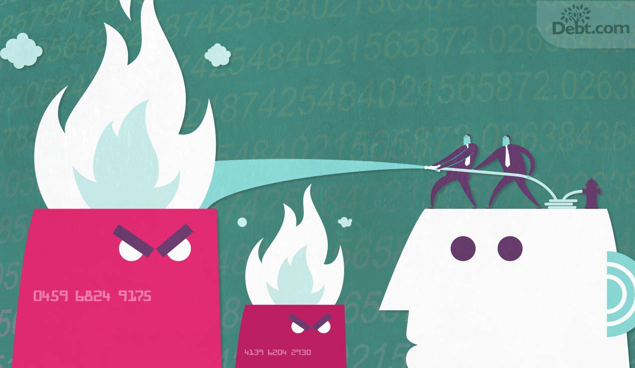 2 men with a fire hose trying to put out credit cards on fire (illustrated) - Which to pay off first.