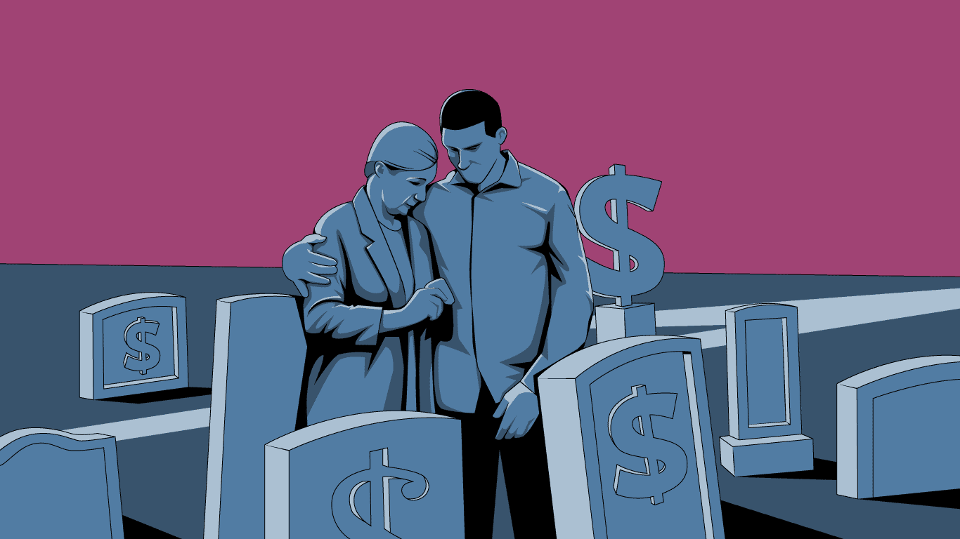 Illustration depicting grieving family who used a loan to pay for loved one's funeral.