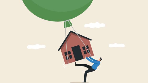 The house floats in the sky with an inflation balloon.