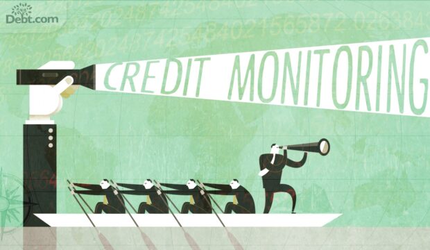 four people rowing a boat and another is looking through a telescope. An arm holding a flashlight illuminating the word "credit monitoring"