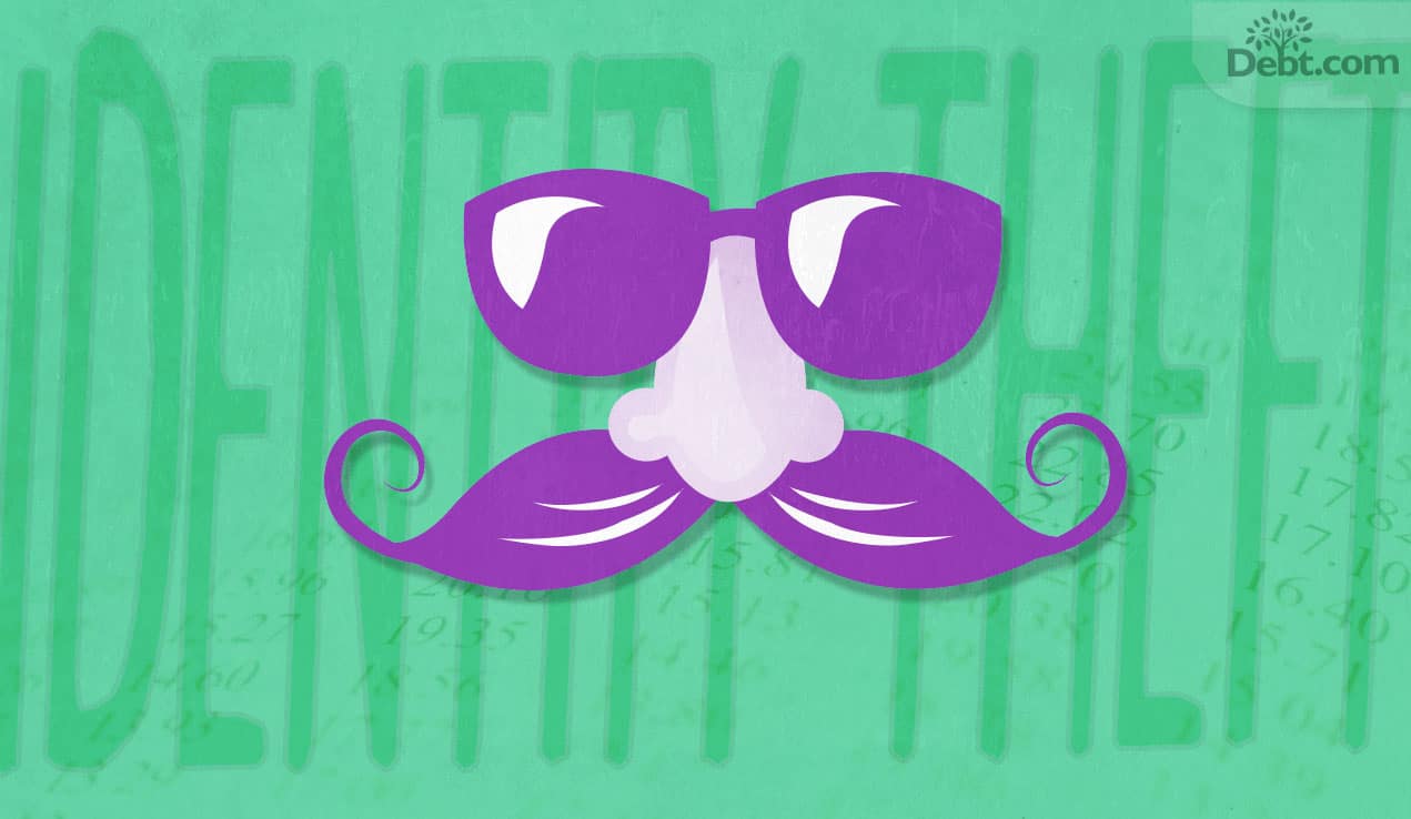 Purple disguise nose, sun glasses, and mustache. Report Identity Theft and Start Recovering ASAP