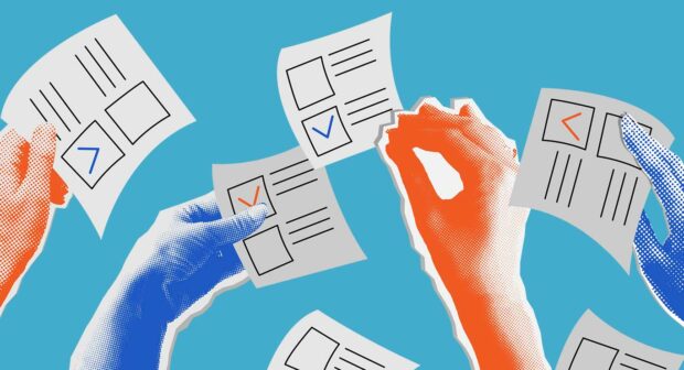 The election voting process, bidding, hands raised up with papers. Sale and buy concept in retro collage halftone style.
